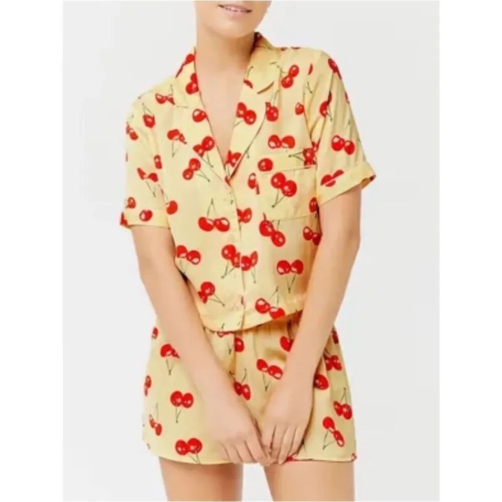 Forever 21 Yellow Cherry Print Short Pajama Set